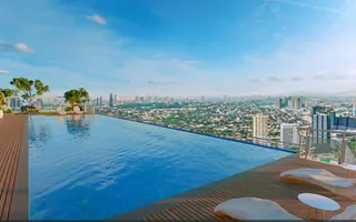 The rooftop sky deck pool above the Pasig skyline at The Valeron Tower, artist's perspective