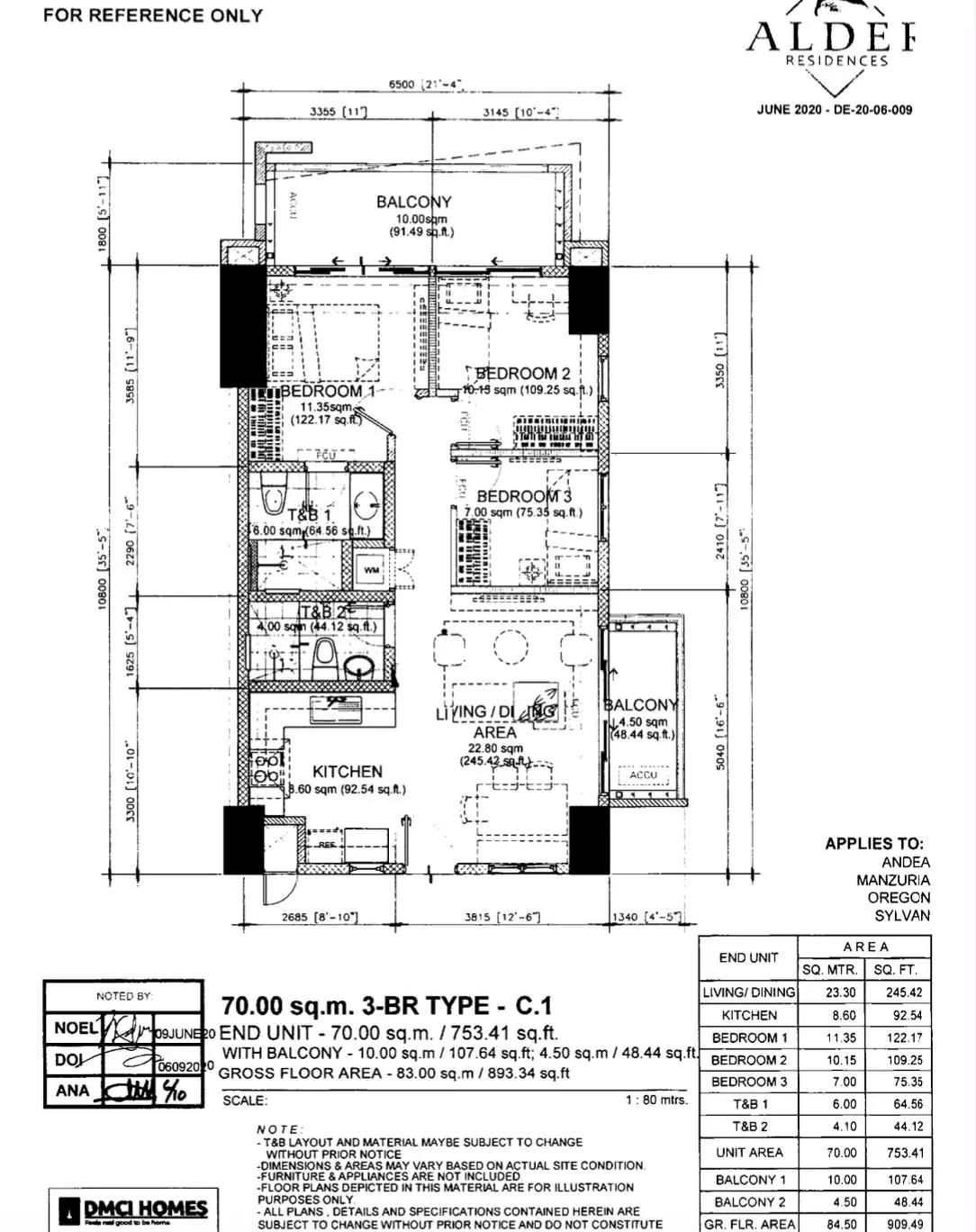 DMCI Homes floor plan for Alder Residences Sylvan Unit 412, 3-Bedroom C.1 (End / Corner Unit), 84.5 sqm