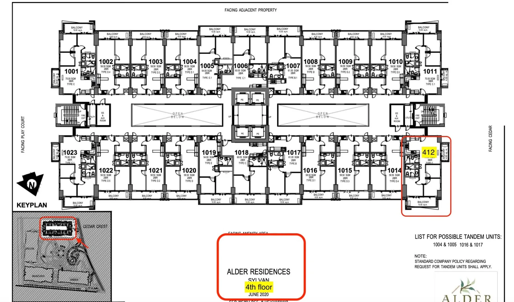 DMCI Homes key plan showing the position of Unit 412 on Sylvan's 4th Floor
