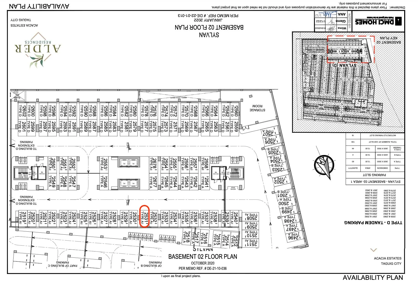 DMCI Homes Basement 02 parking plan for Alder Residences Sylvan, slot B2531 marked