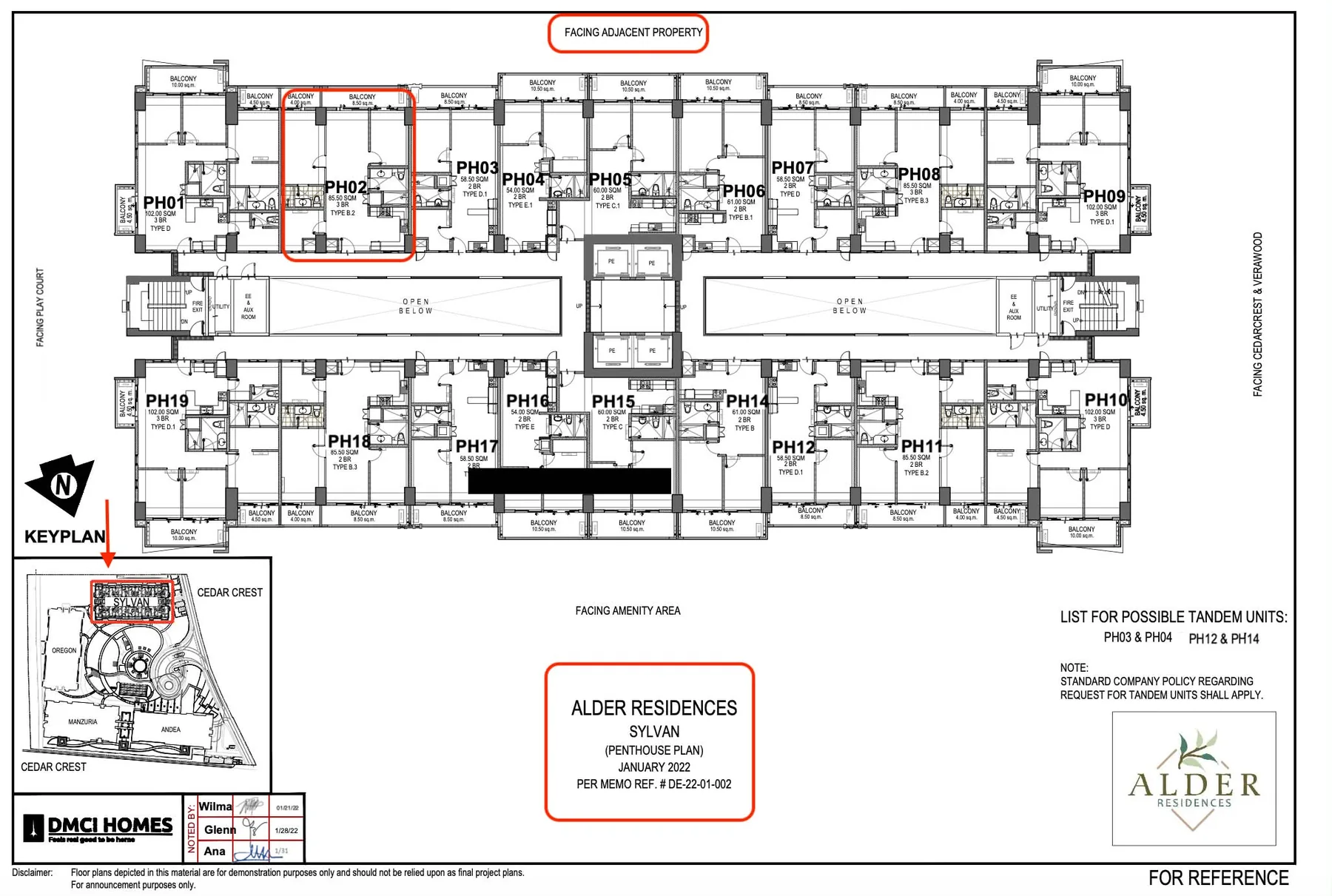 DMCI Homes key plan showing the position of Unit PH02 on Sylvan's Penthouse Floor