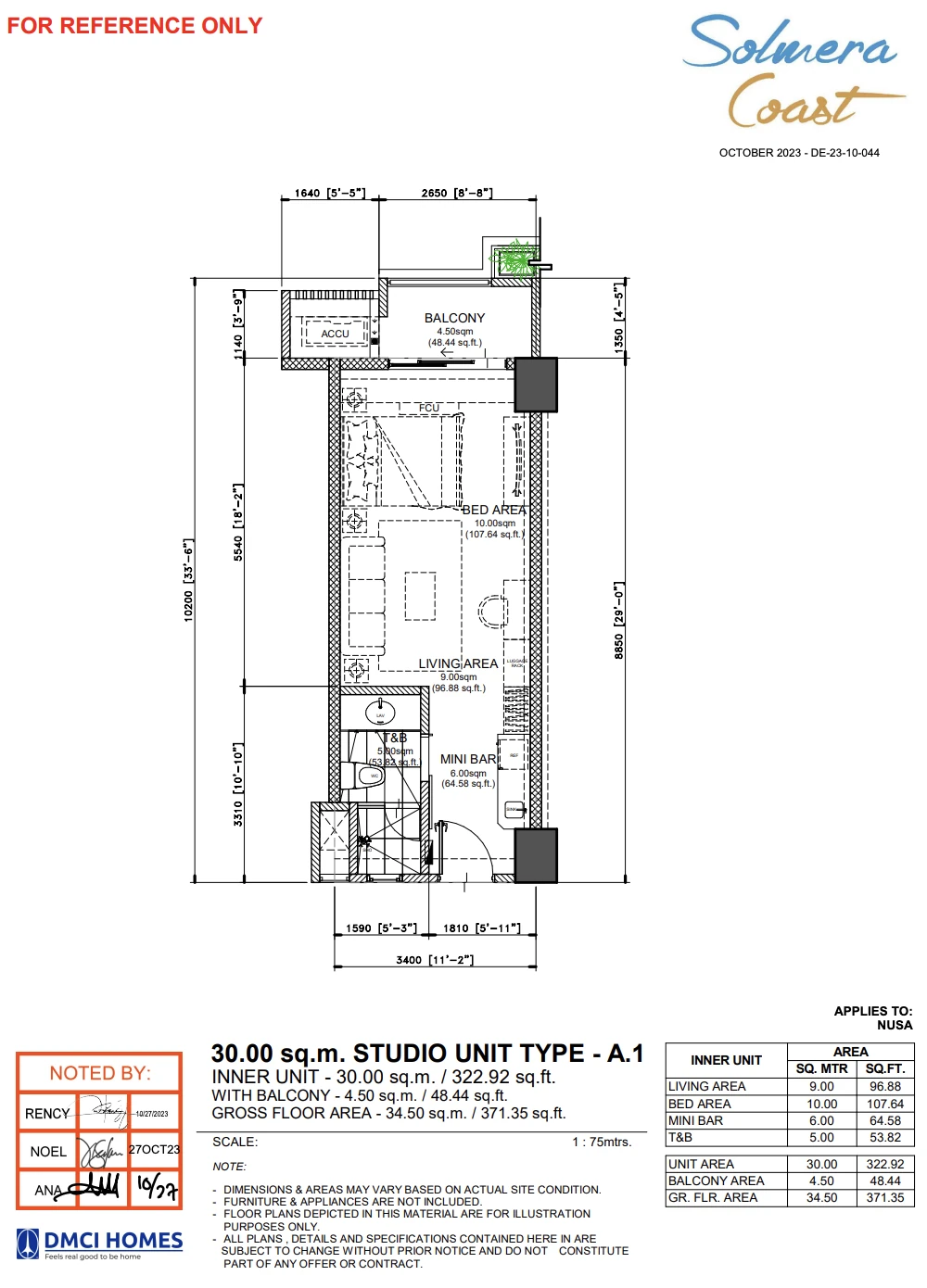 Solmera Coast Studio Unit Type A.1 Layout — 34.5 SQM